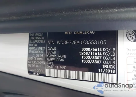 2019 Mercedes-Benz Metris z USA, uszkodzony, nr VIN WD3PG2EA0K3553105